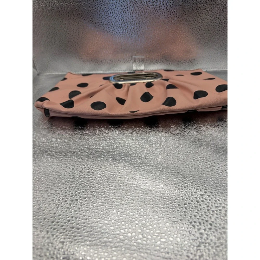 Pink Polka Dot Clutch‎ Bag Silver Metal Handle Pleated Faux Leather Handbag